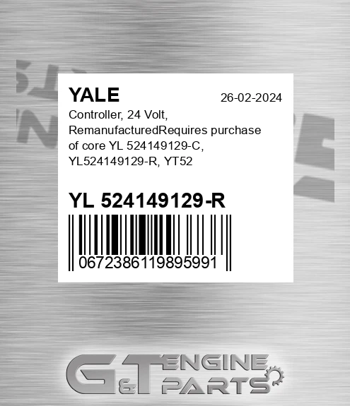 YL 524149129-R Controller, 24 Volt, Remanufacturedrequires Purchase Of Core Yl 524149129-c, Yl524149129-r, Yt524149129-r